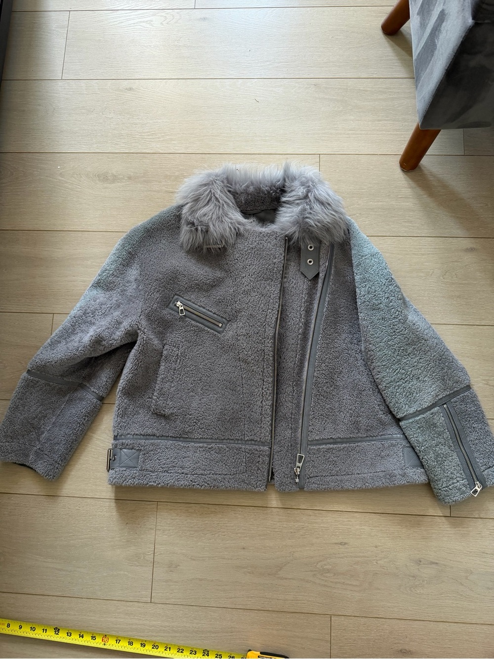Gray Real Shearling Sheep Leather Jacket with Fur Collar